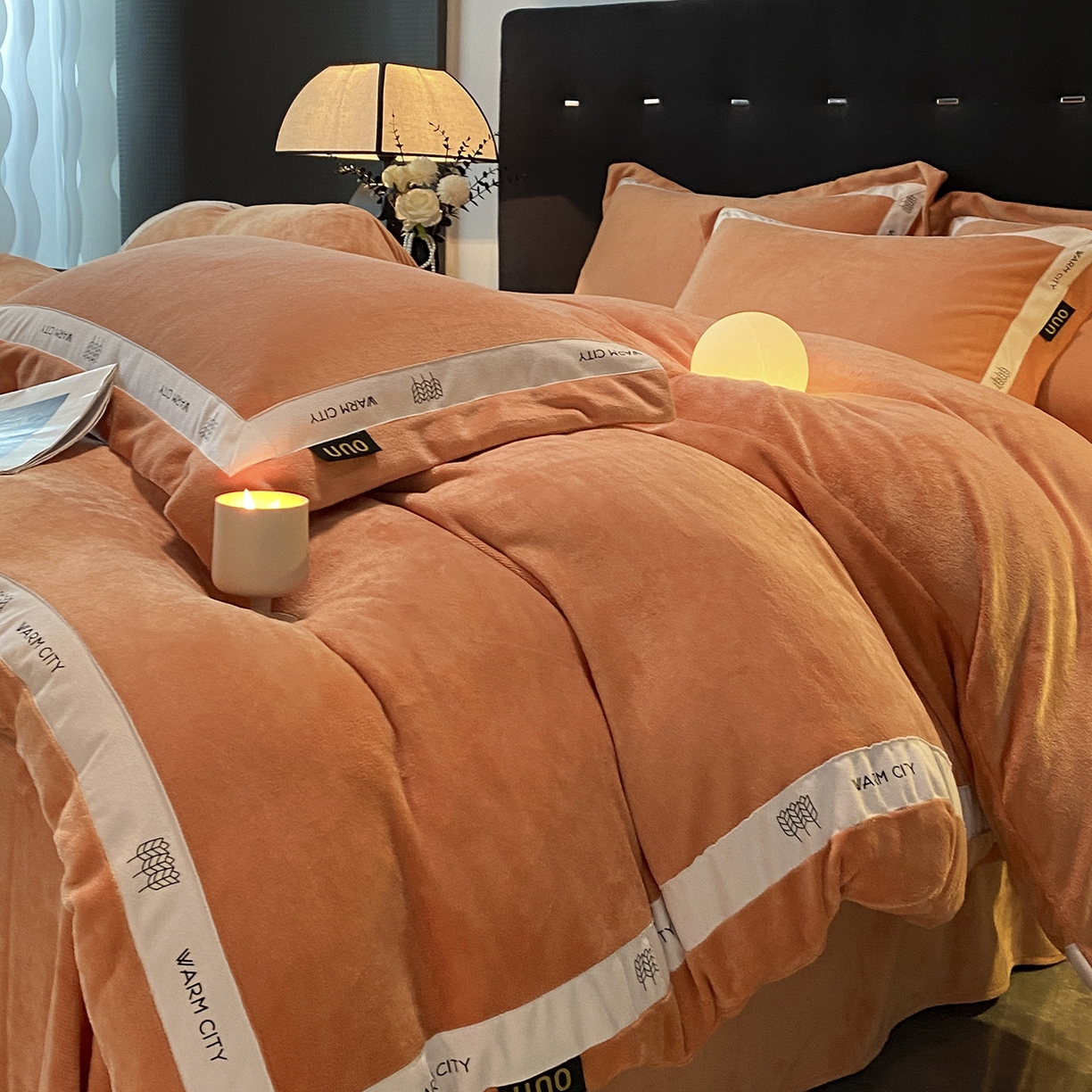 91家纺网 家纺一手货源 找家纺 吾诺家居 吾诺 2025 织带款牛奶绒四件套 纯色牛奶绒套件 - 格调系列 格调-桔色