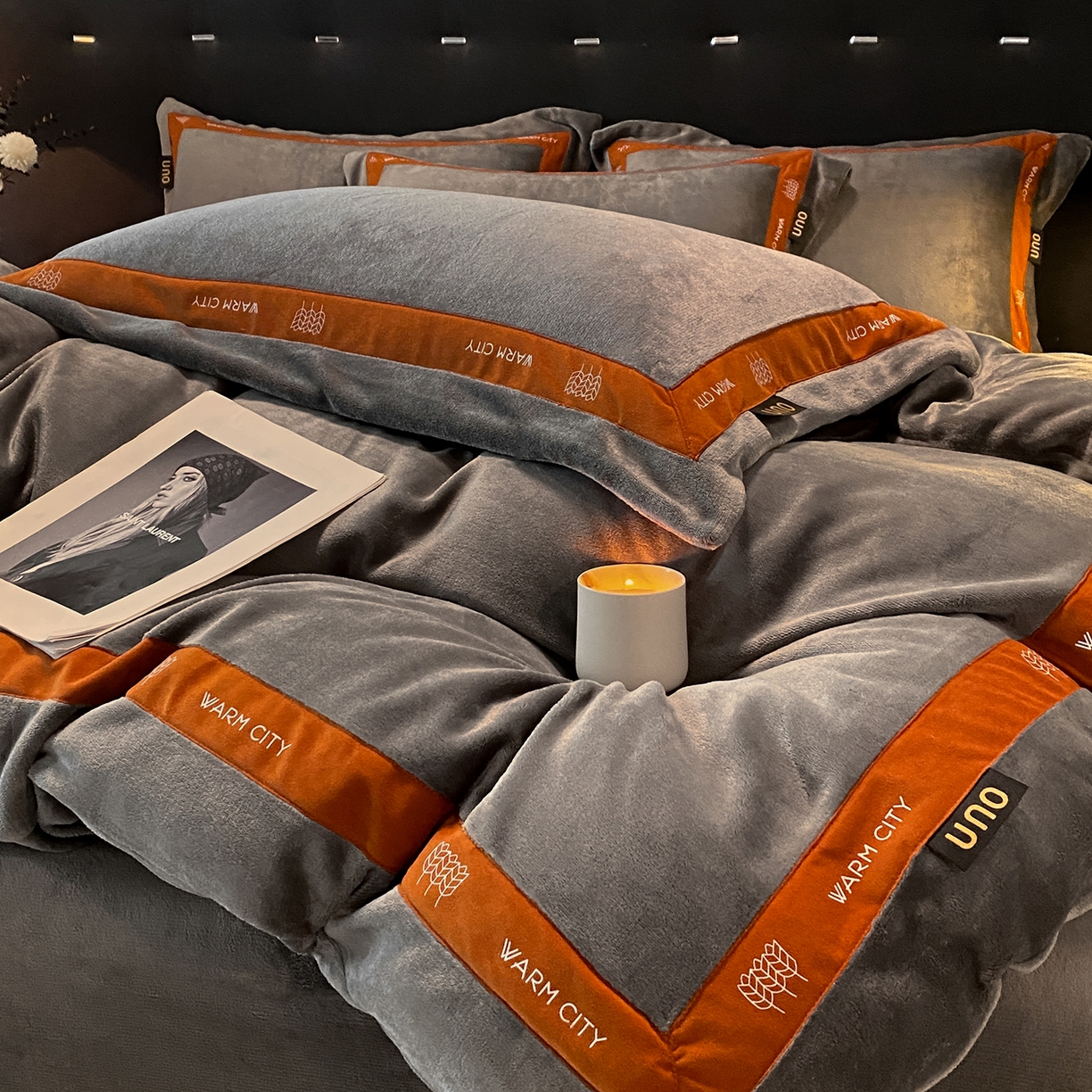 吾诺家居 吾诺 2025 织带款牛奶绒四件套 纯色牛奶绒套件 - 格调系列 格调-深灰