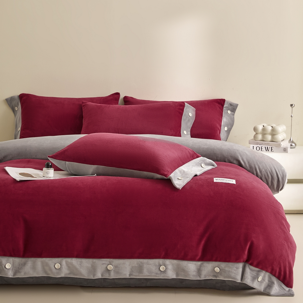 91家纺网 家纺一手货源 找家纺 （总）吾诺家居 吾诺 2025 双拼色牛奶绒四件套纽扣四件套钮扣牛奶绒四件套 - 纽扣系列