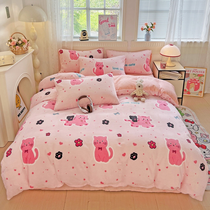 维娜斯家纺 2025新款牛奶绒印花四件套加厚保暖 欢乐猫咪
