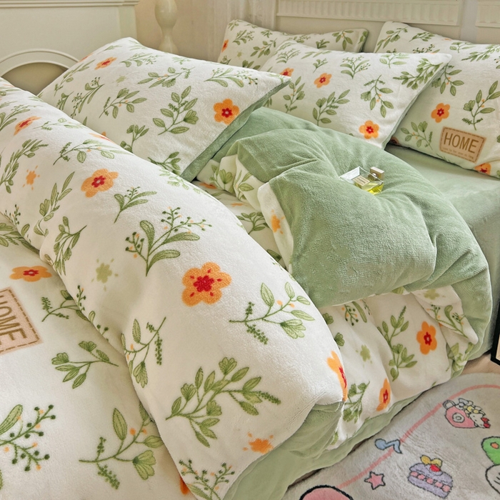 91家纺网 家纺一手货源 找家纺 维娜斯家纺 2025新款牛奶绒印花四件套加厚保暖 青柠薄荷