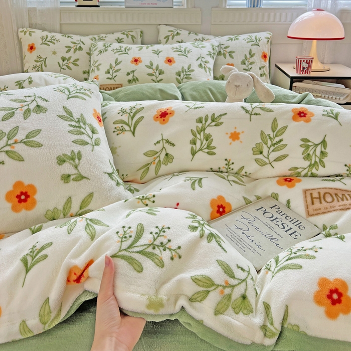 91家纺网 家纺一手货源 找家纺 维娜斯家纺 2025新款牛奶绒印花四件套加厚保暖 青柠薄荷