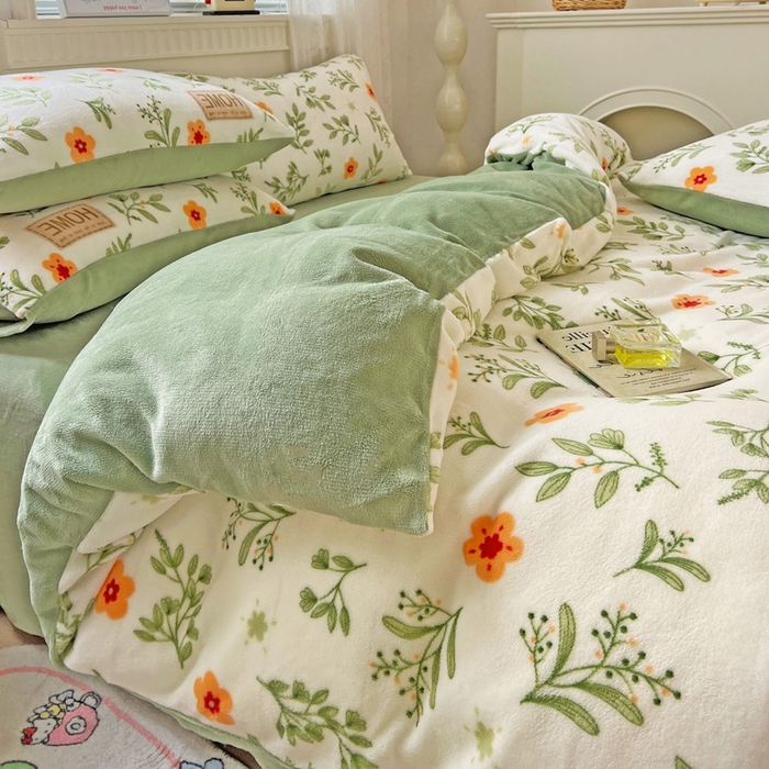 91家纺网 家纺一手货源 找家纺 维娜斯家纺 2025新款牛奶绒印花四件套加厚保暖 青柠薄荷