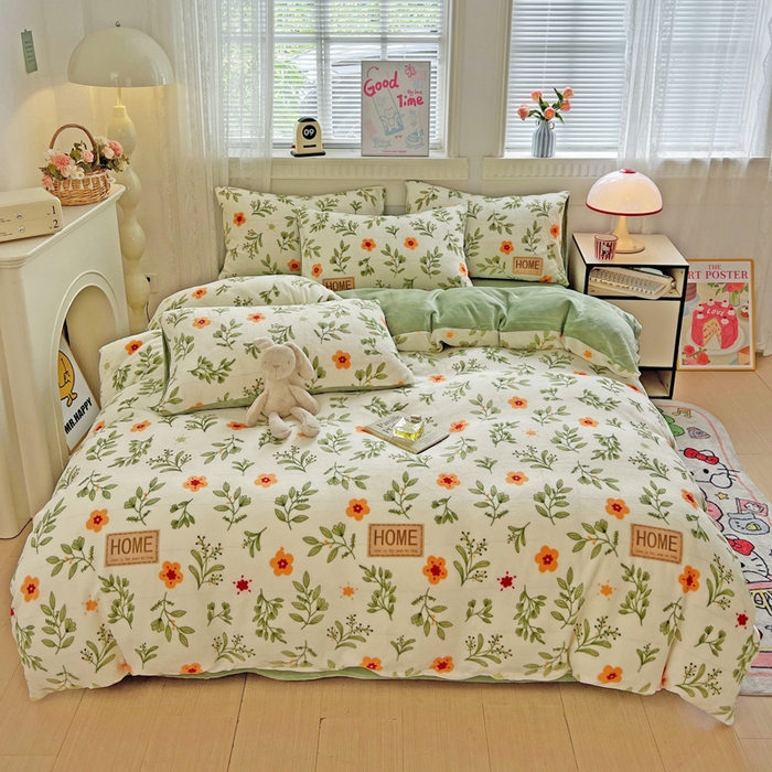 维娜斯家纺 2025新款牛奶绒印花四件套加厚保暖 青柠薄荷