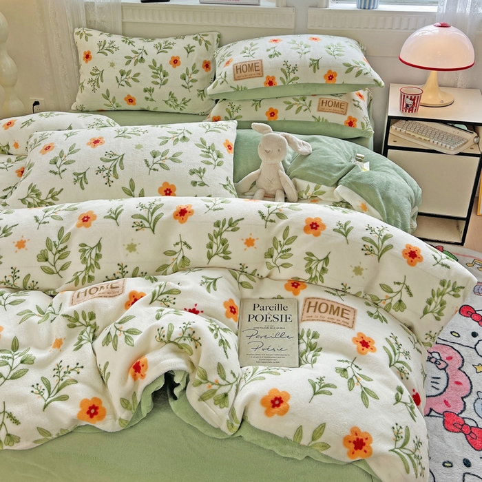 91家纺网 家纺一手货源 找家纺 维娜斯家纺 2025新款牛奶绒印花四件套加厚保暖 青柠薄荷