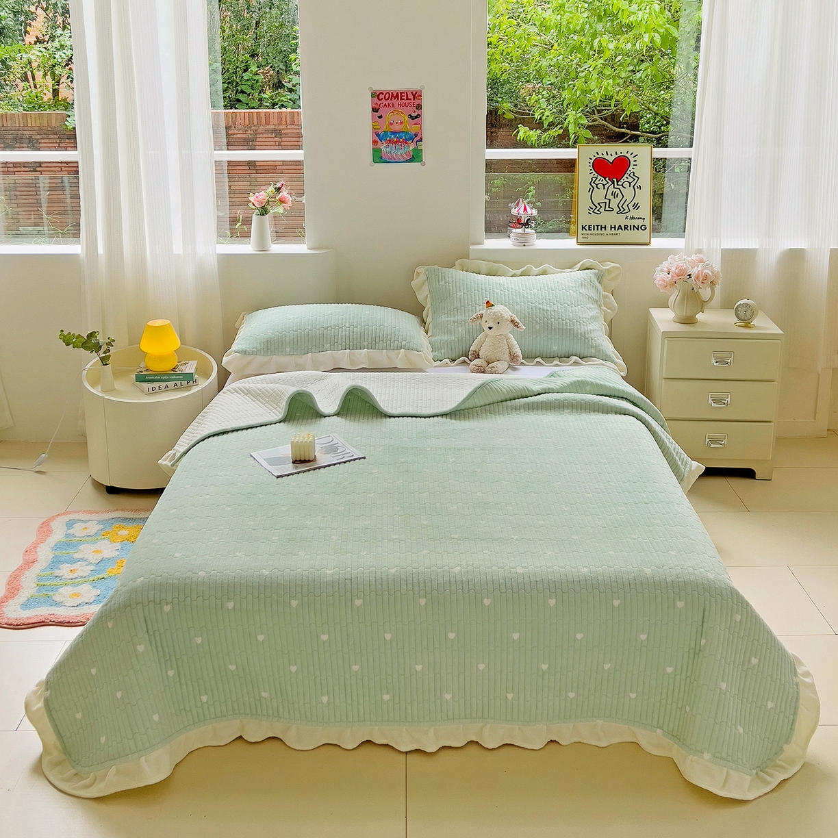 漫时光 2025新款加厚牛奶绒花边床盖单品床盖床盖单件 爱心-浅绿