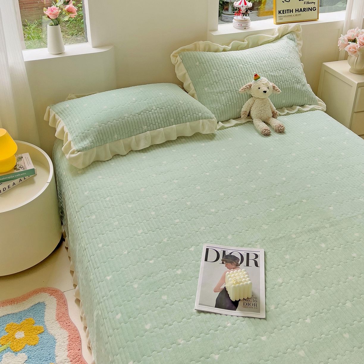 91家纺网 家纺一手货源 找家纺 漫时光 2025新款加厚牛奶绒花边床盖单品床盖床盖单件 爱心-浅绿