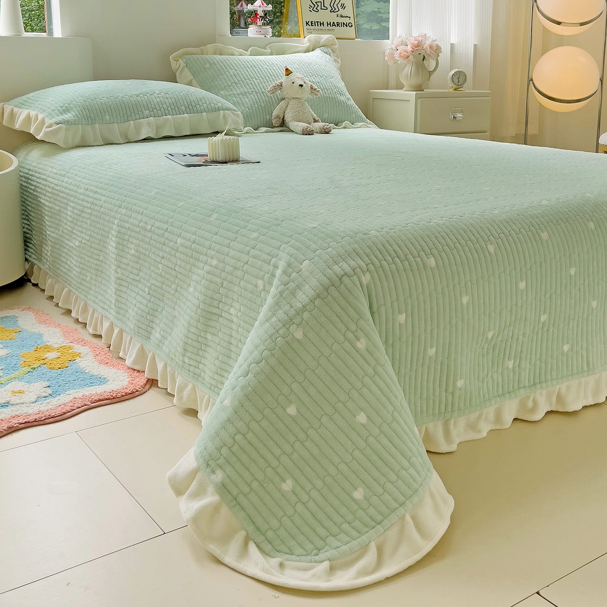 91家纺网 家纺一手货源 找家纺 漫时光 2025新款加厚牛奶绒花边床盖单品床盖床盖单件 爱心-浅绿