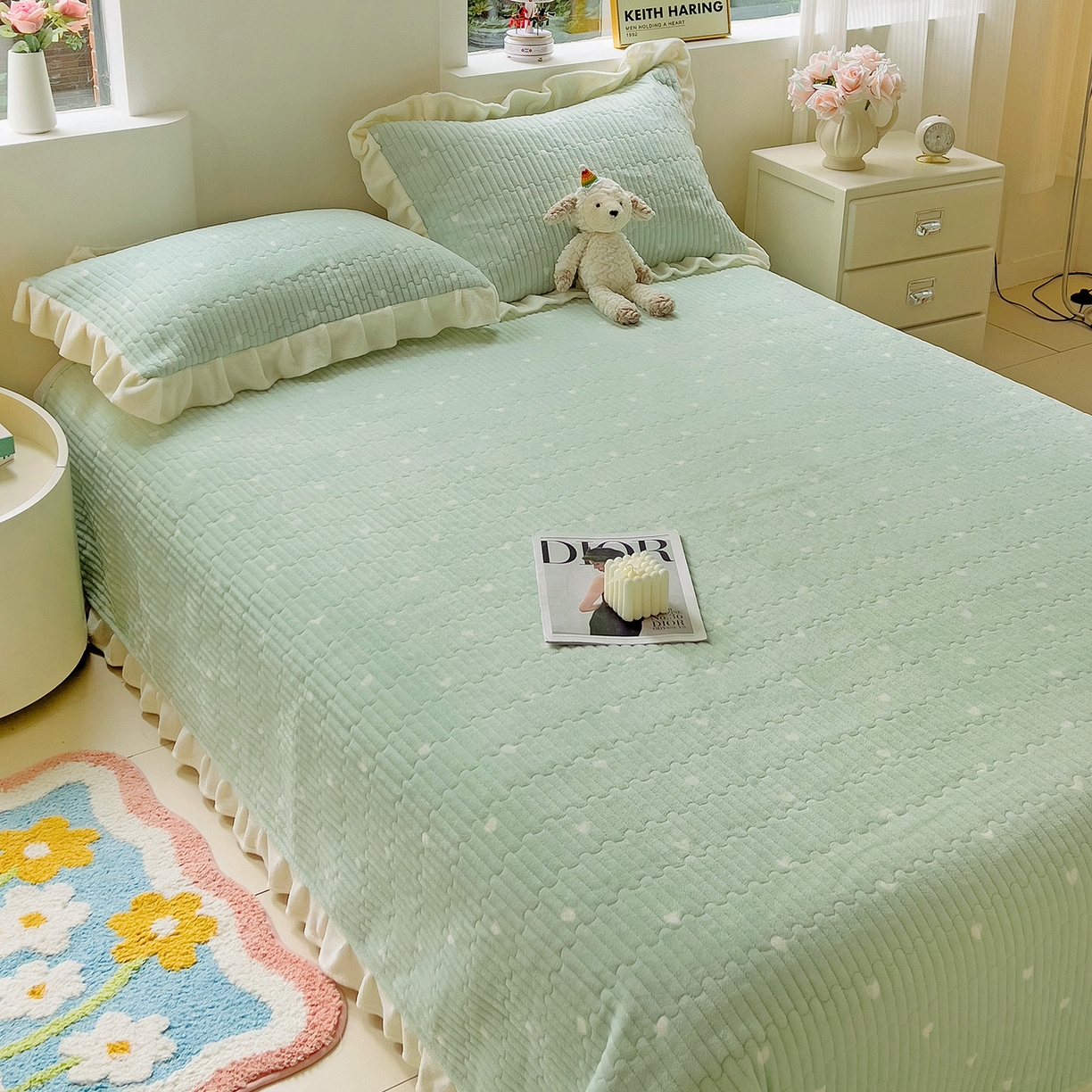 91家纺网 家纺一手货源 找家纺 漫时光 2025新款加厚牛奶绒花边床盖单品床盖床盖单件 爱心-浅绿