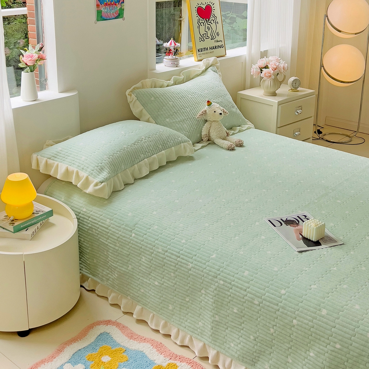 91家纺网 家纺一手货源 找家纺 漫时光 2025新款加厚牛奶绒花边床盖单品床盖床盖单件 爱心-浅绿