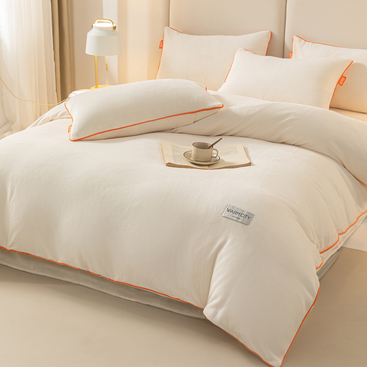 91家纺网 家纺一手货源 找家纺 吾诺家居 吾诺 2025 撞色边滚绳款牛奶绒四件套麻绳牛奶绒四件套 - 浅爱系列 象牙白