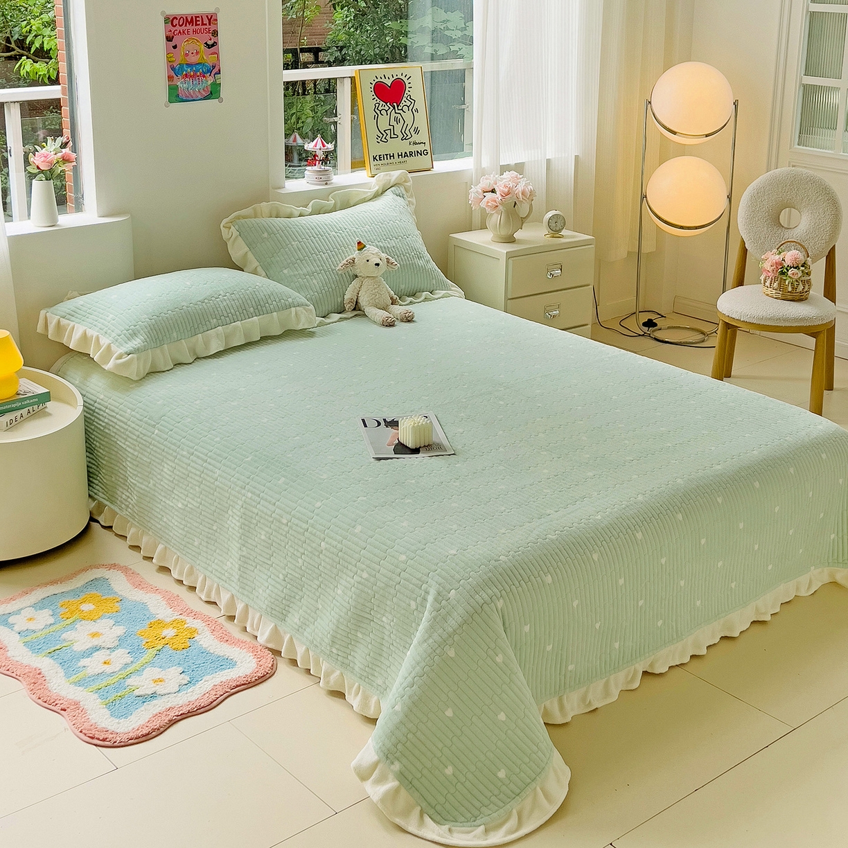 91家纺网 家纺一手货源 找家纺 漫时光 2025新款加厚牛奶绒花边床盖单品床盖床盖单件 爱心-浅绿