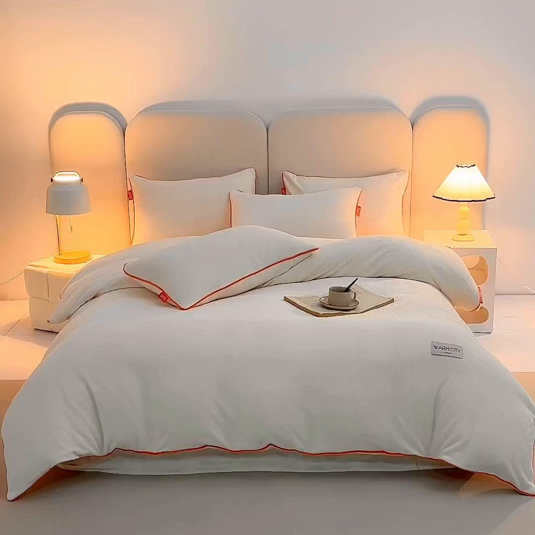 91家纺网 家纺一手货源 找家纺 吾诺家居 吾诺 2025 撞色边滚绳款牛奶绒四件套麻绳牛奶绒四件套 - 浅爱系列 象牙白