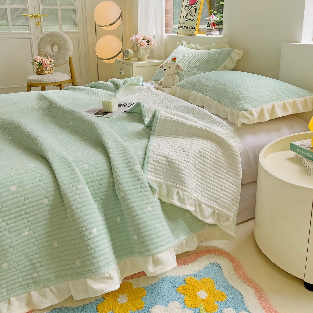 91家纺网 家纺一手货源 找家纺 漫时光 2025新款加厚牛奶绒花边床盖单品床盖床盖单件 爱心-浅绿