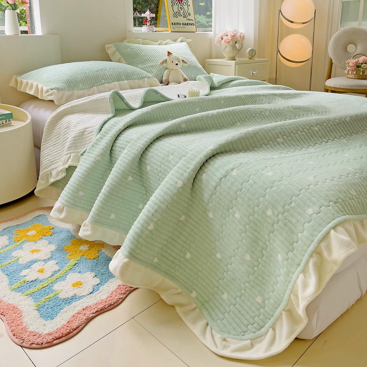 91家纺网 家纺一手货源 找家纺 漫时光 2025新款加厚牛奶绒花边床盖单品床盖床盖单件 爱心-浅绿