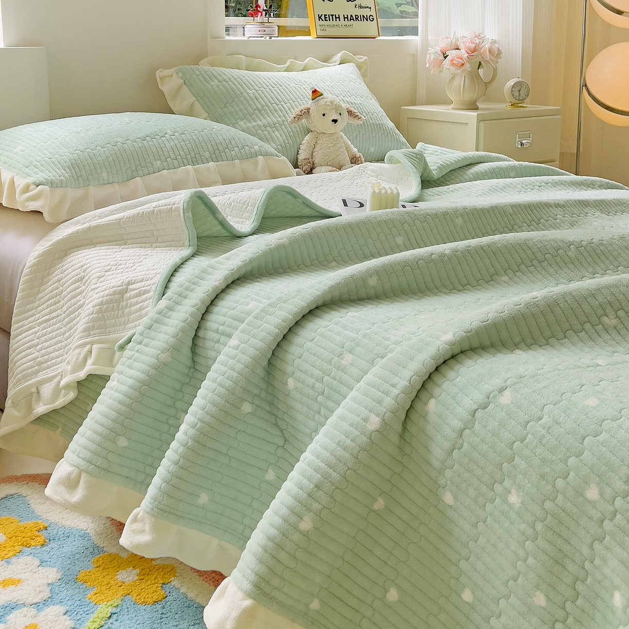 91家纺网 家纺一手货源 找家纺 漫时光 2025新款加厚牛奶绒花边床盖单品床盖床盖单件 爱心-浅绿