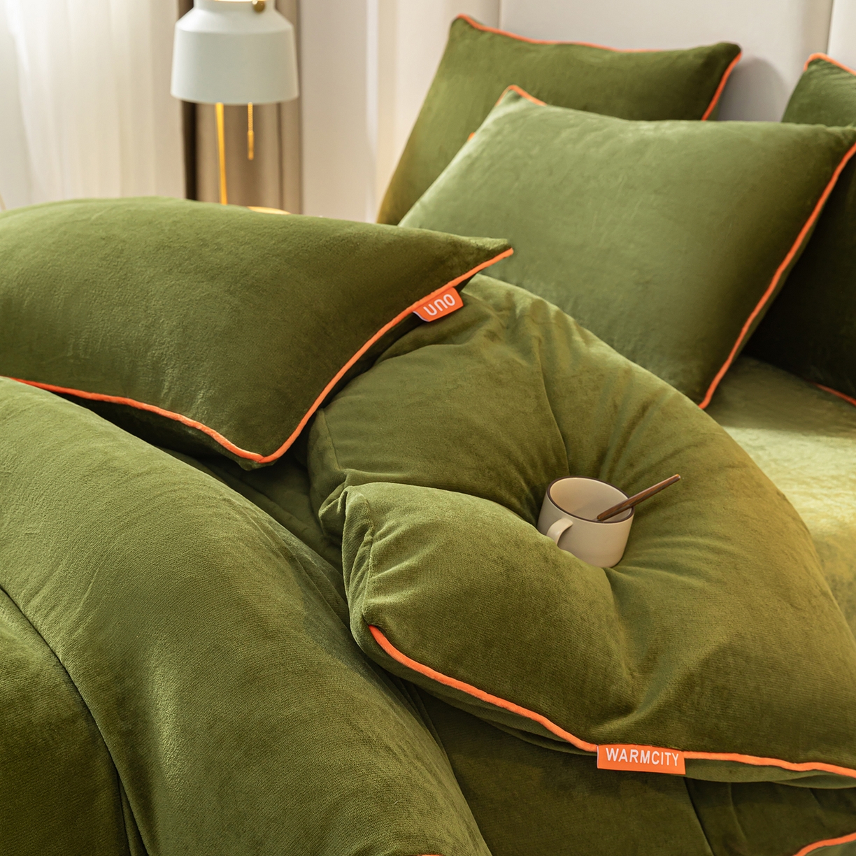 吾诺家居 吾诺 2025 撞色边滚绳款牛奶绒四件套麻绳牛奶绒四件套 - 浅爱系列 橄榄绿