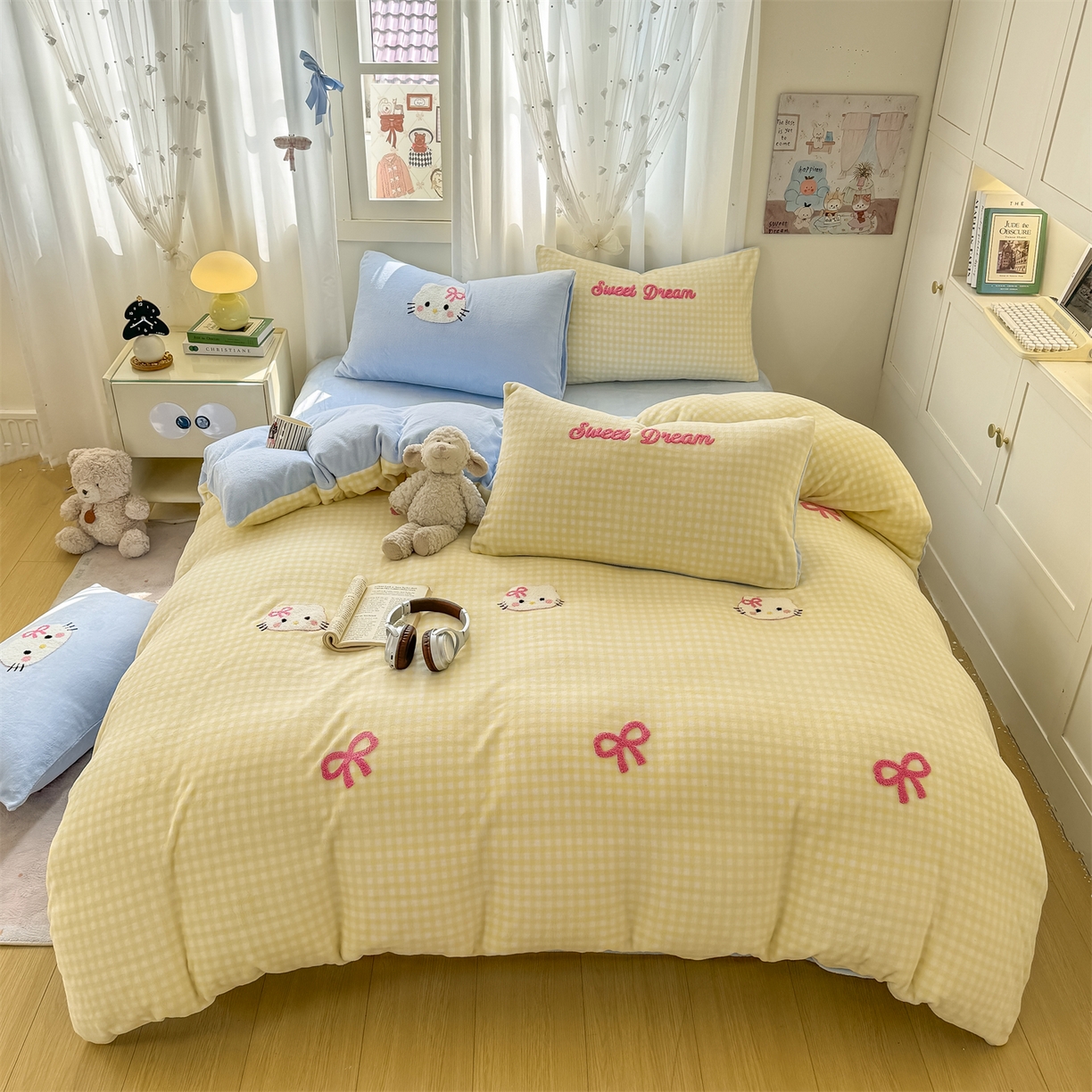 91家纺网 家纺一手货源 找家纺 灰鲸 2025新款牛奶绒毛巾绣套件-猫咪蝴蝶结 猫咪蝴蝶结-黄格+繁星蓝