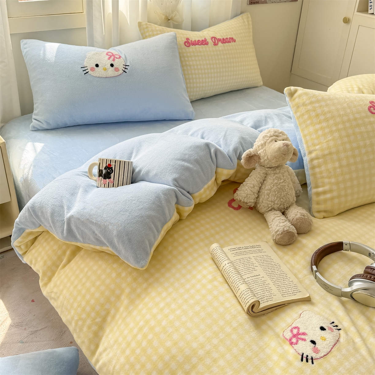 91家纺网 家纺一手货源 找家纺 灰鲸 2025新款牛奶绒毛巾绣套件-猫咪蝴蝶结 猫咪蝴蝶结-黄格+繁星蓝