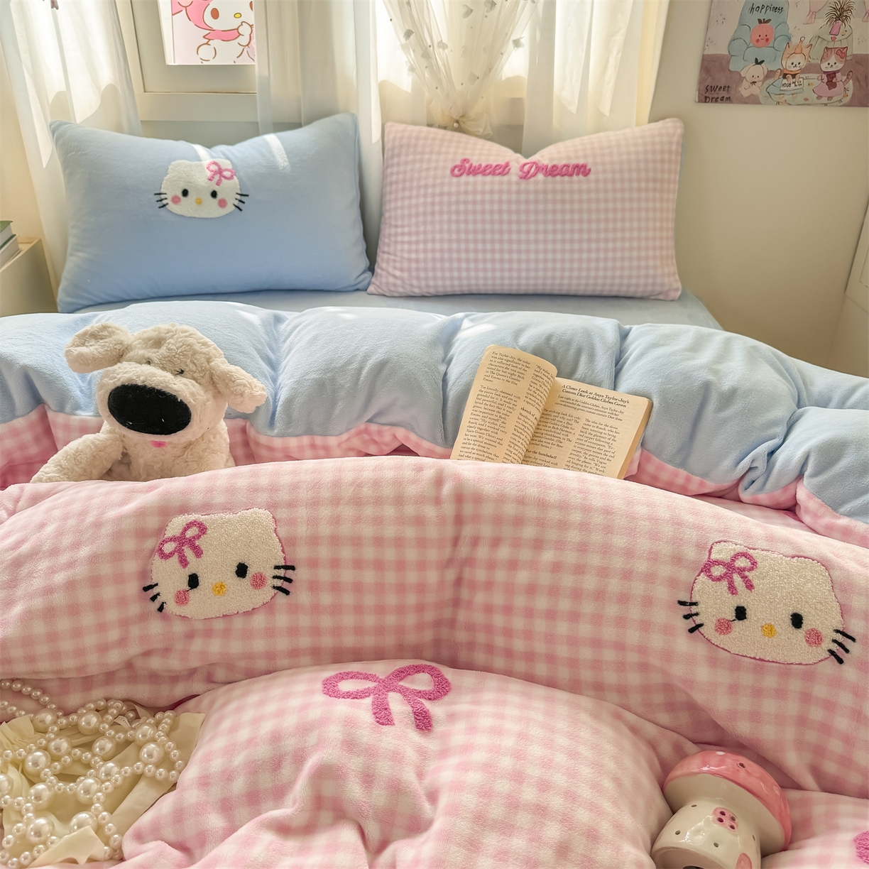 91家纺网 家纺一手货源 找家纺 （总）灰鲸 2025新款牛奶绒毛巾绣套件-猫咪蝴蝶结