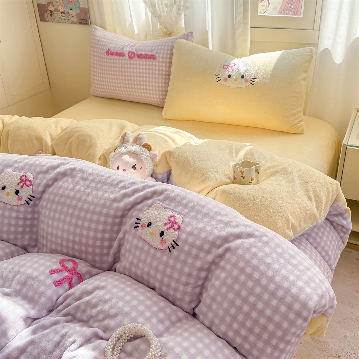 灰鲸 2025新款牛奶绒毛巾绣套件-猫咪蝴蝶结 猫咪蝴蝶结-紫格+奶油黄