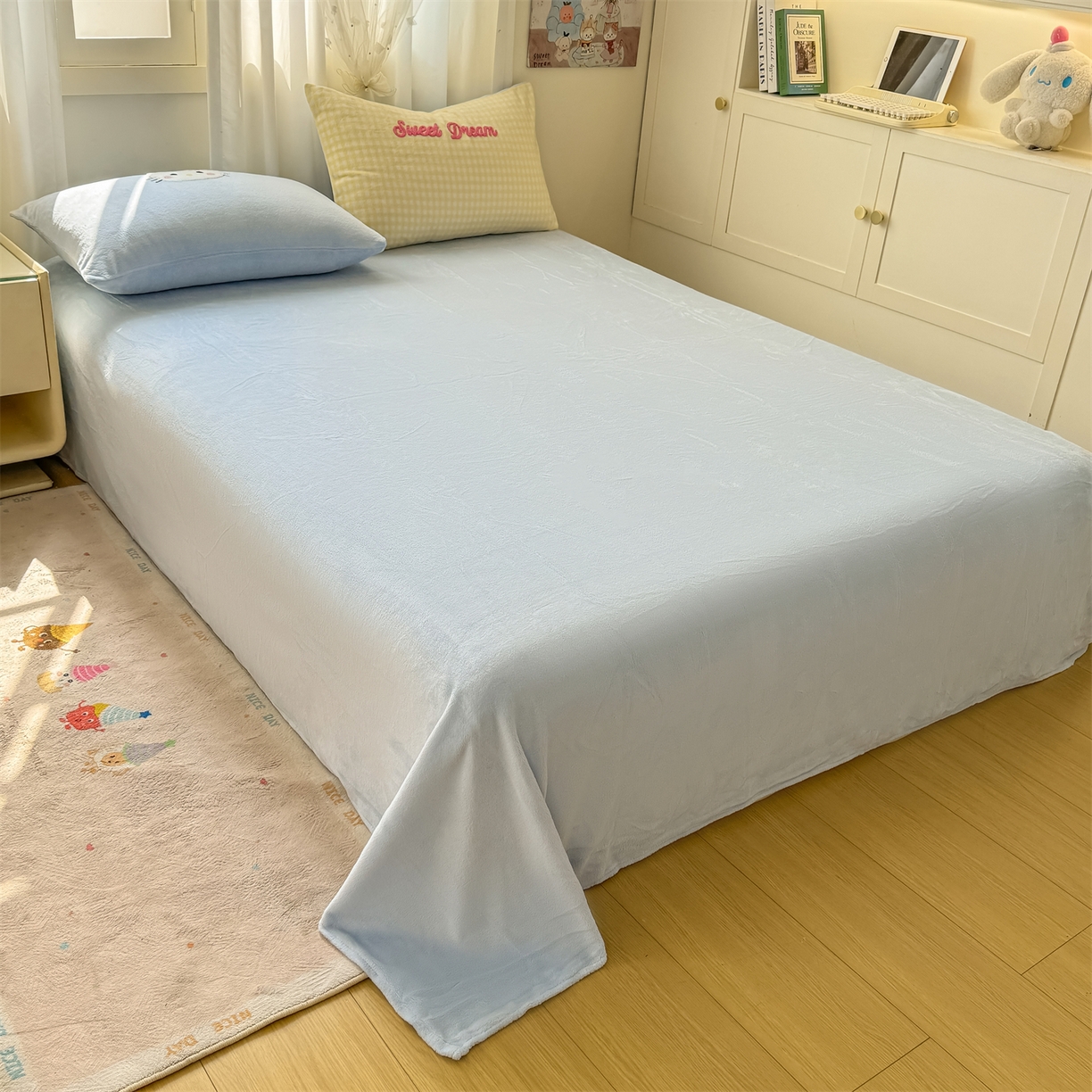 91家纺网 家纺一手货源 找家纺 灰鲸 2025新款牛奶绒毛巾绣套件-猫咪蝴蝶结 猫咪蝴蝶结-黄格+繁星蓝