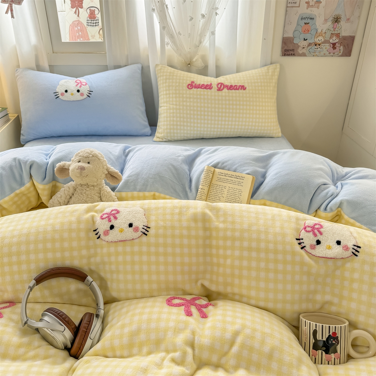 91家纺网 家纺一手货源 找家纺 灰鲸 2025新款牛奶绒毛巾绣套件-猫咪蝴蝶结 猫咪蝴蝶结-黄格+繁星蓝