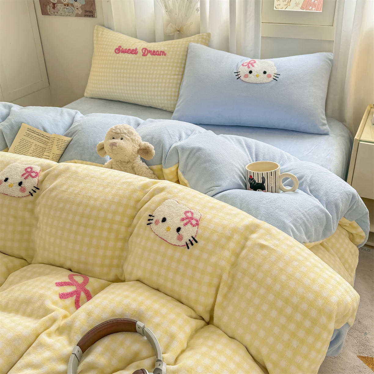 灰鲸 2025新款牛奶绒毛巾绣套件-猫咪蝴蝶结 猫咪蝴蝶结-黄格+繁星蓝