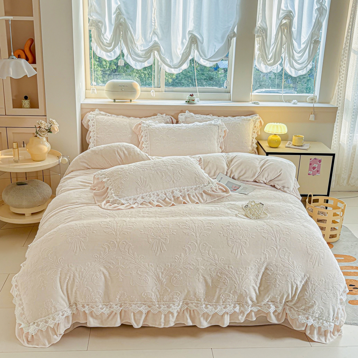 91家纺网 家纺一手货源 找家纺 锦格家纺 2024新款A类高克重牛奶绒四件套 艾洛薇【奶白】