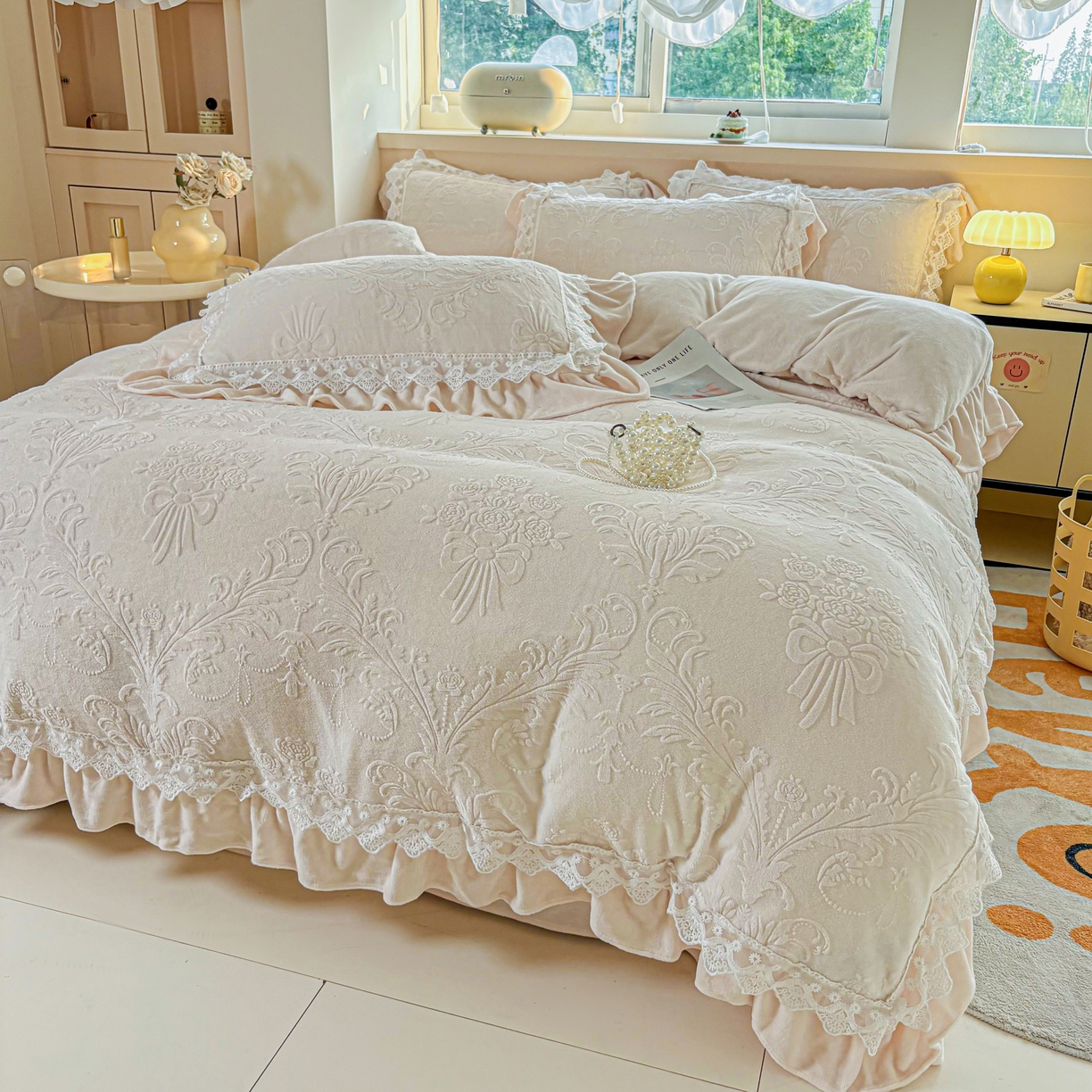 91家纺网 家纺一手货源 找家纺 锦格家纺 2024新款A类高克重牛奶绒四件套 艾洛薇【奶白】