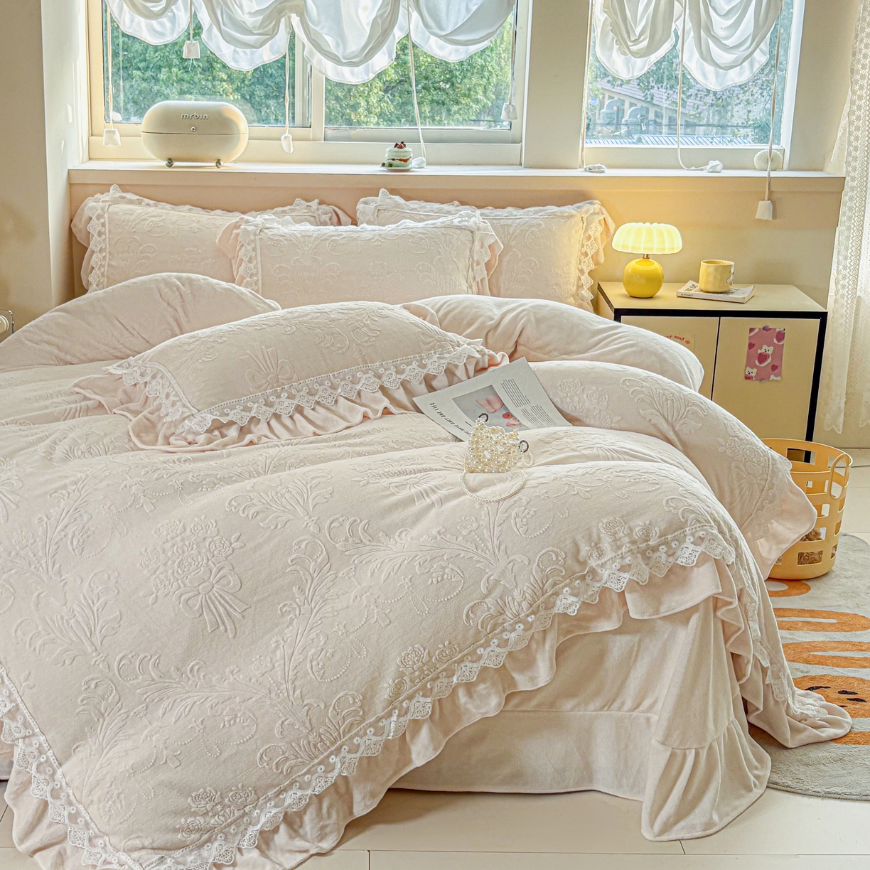 91家纺网 家纺一手货源 找家纺 锦格家纺 2024新款A类高克重牛奶绒四件套 艾洛薇【奶白】