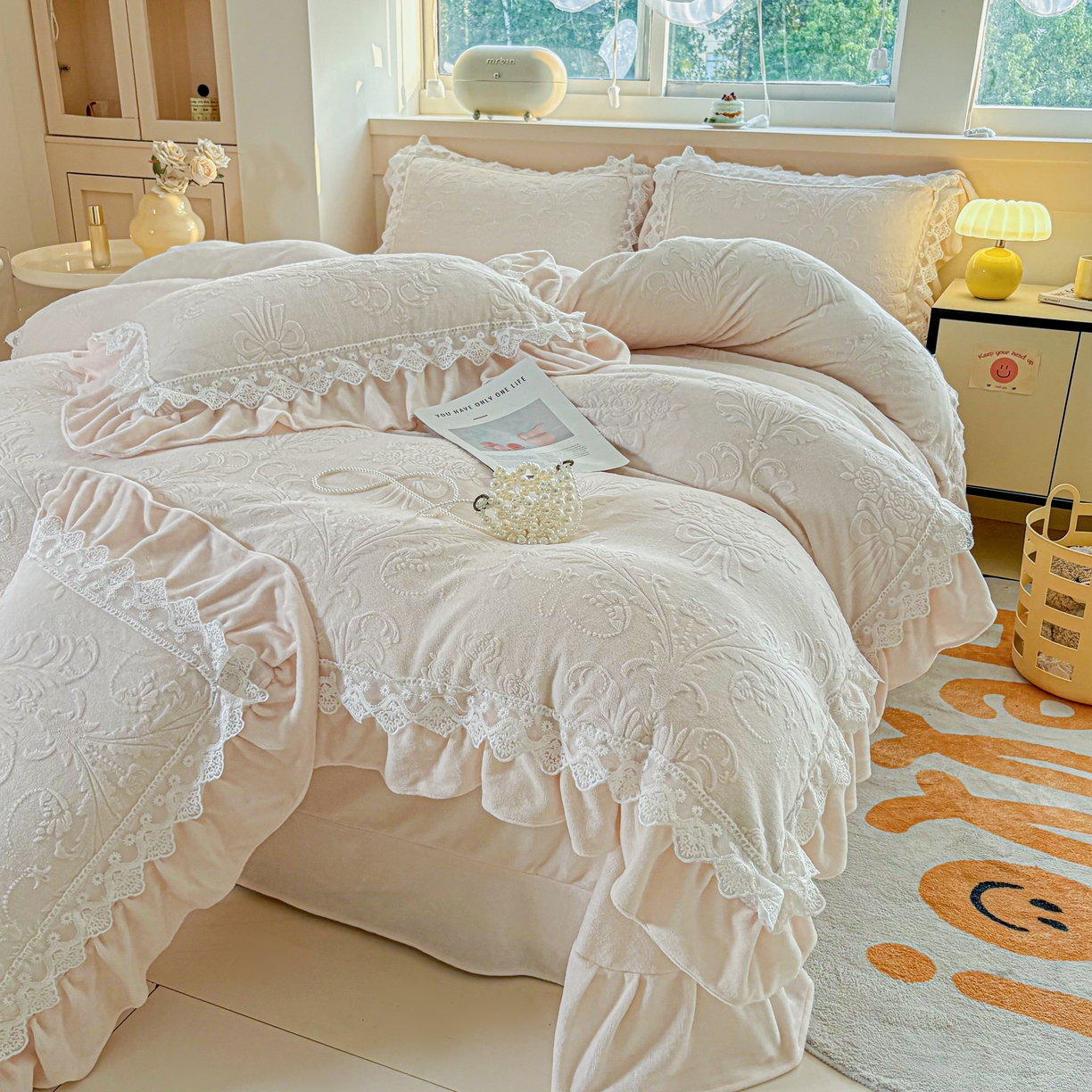 91家纺网 家纺一手货源 找家纺 锦格家纺 2024新款A类高克重牛奶绒四件套 艾洛薇【奶白】