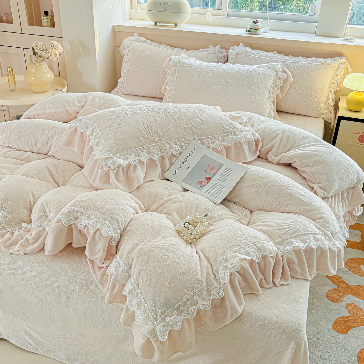 91家纺网 家纺一手货源 找家纺 锦格家纺 2024新款A类高克重牛奶绒四件套 艾洛薇【奶白】