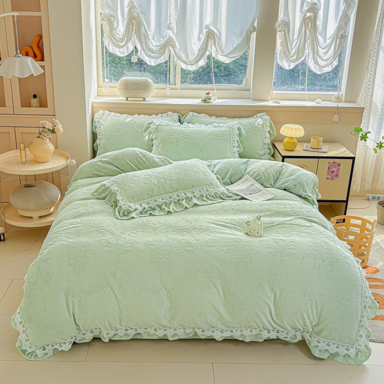 91家纺网 家纺一手货源 找家纺 锦格家纺 2024新款A类高克重牛奶绒四件套 艾洛薇【水绿】