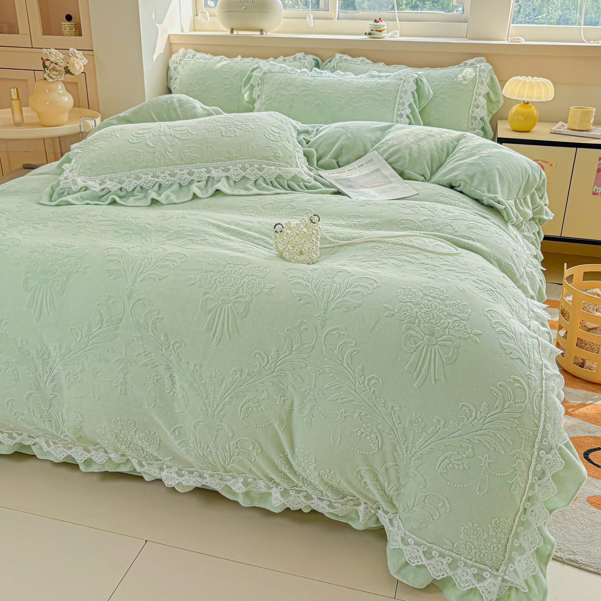 91家纺网 家纺一手货源 找家纺 锦格家纺 2024新款A类高克重牛奶绒四件套 艾洛薇【水绿】