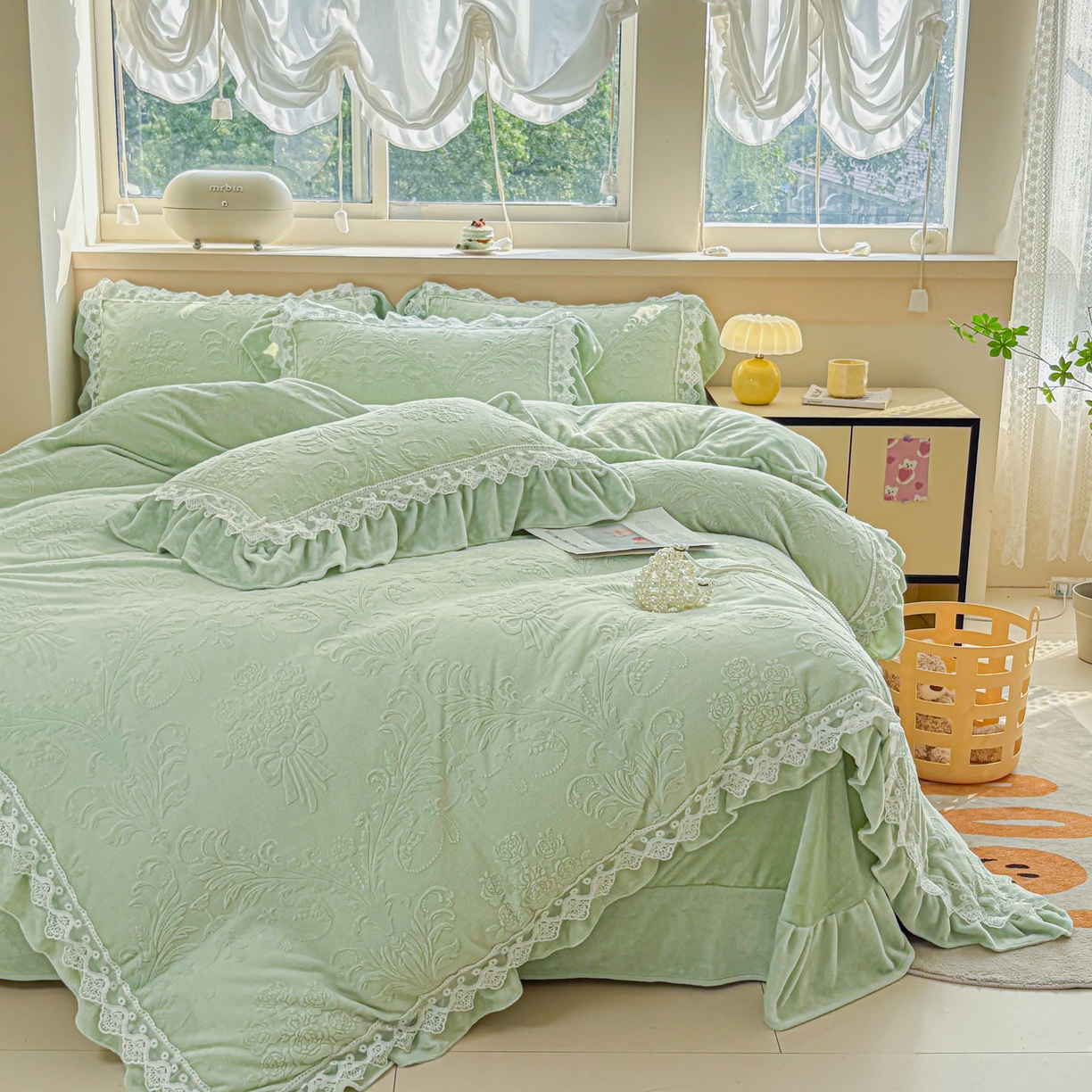 91家纺网 家纺一手货源 找家纺 锦格家纺 2024新款A类高克重牛奶绒四件套 艾洛薇【水绿】