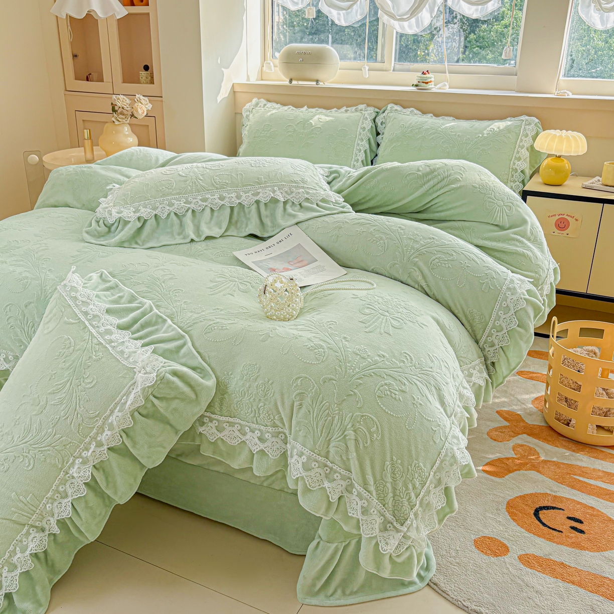 91家纺网 家纺一手货源 找家纺 锦格家纺 2024新款A类高克重牛奶绒四件套 艾洛薇【水绿】