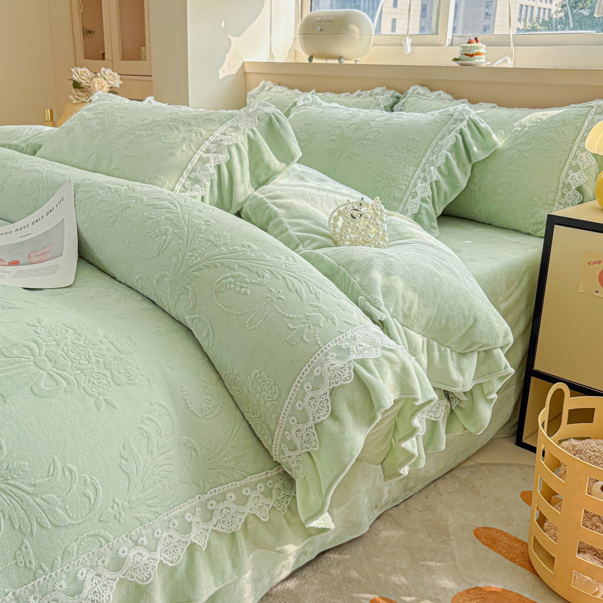 91家纺网 家纺一手货源 找家纺 锦格家纺 2024新款A类高克重牛奶绒四件套 艾洛薇【水绿】