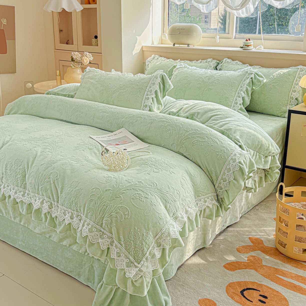 锦格家纺 2024新款A类高克重牛奶绒四件套 艾洛薇【水绿】