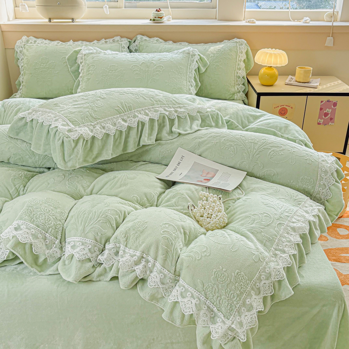 91家纺网 家纺一手货源 找家纺 锦格家纺 2024新款A类高克重牛奶绒四件套 艾洛薇【水绿】