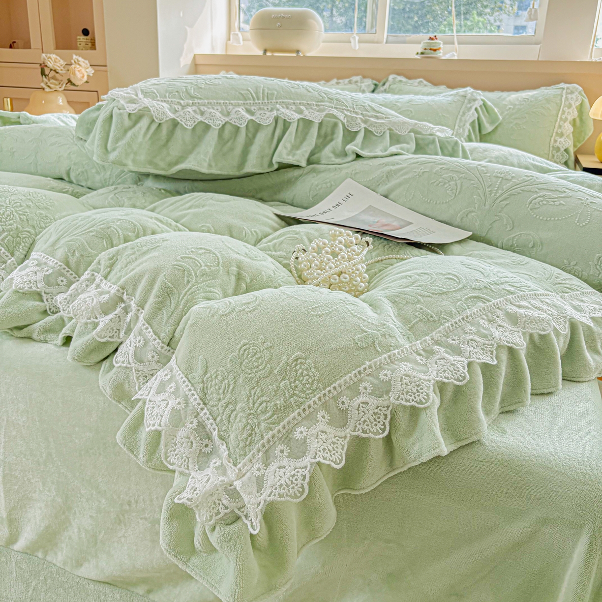 91家纺网 家纺一手货源 找家纺 锦格家纺 2024新款A类高克重牛奶绒四件套 艾洛薇【水绿】