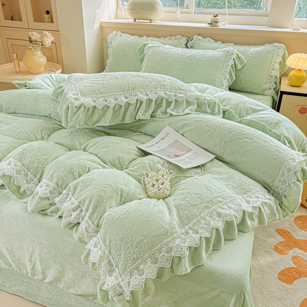 91家纺网 家纺一手货源 找家纺 锦格家纺 2024新款A类高克重牛奶绒四件套 艾洛薇【水绿】