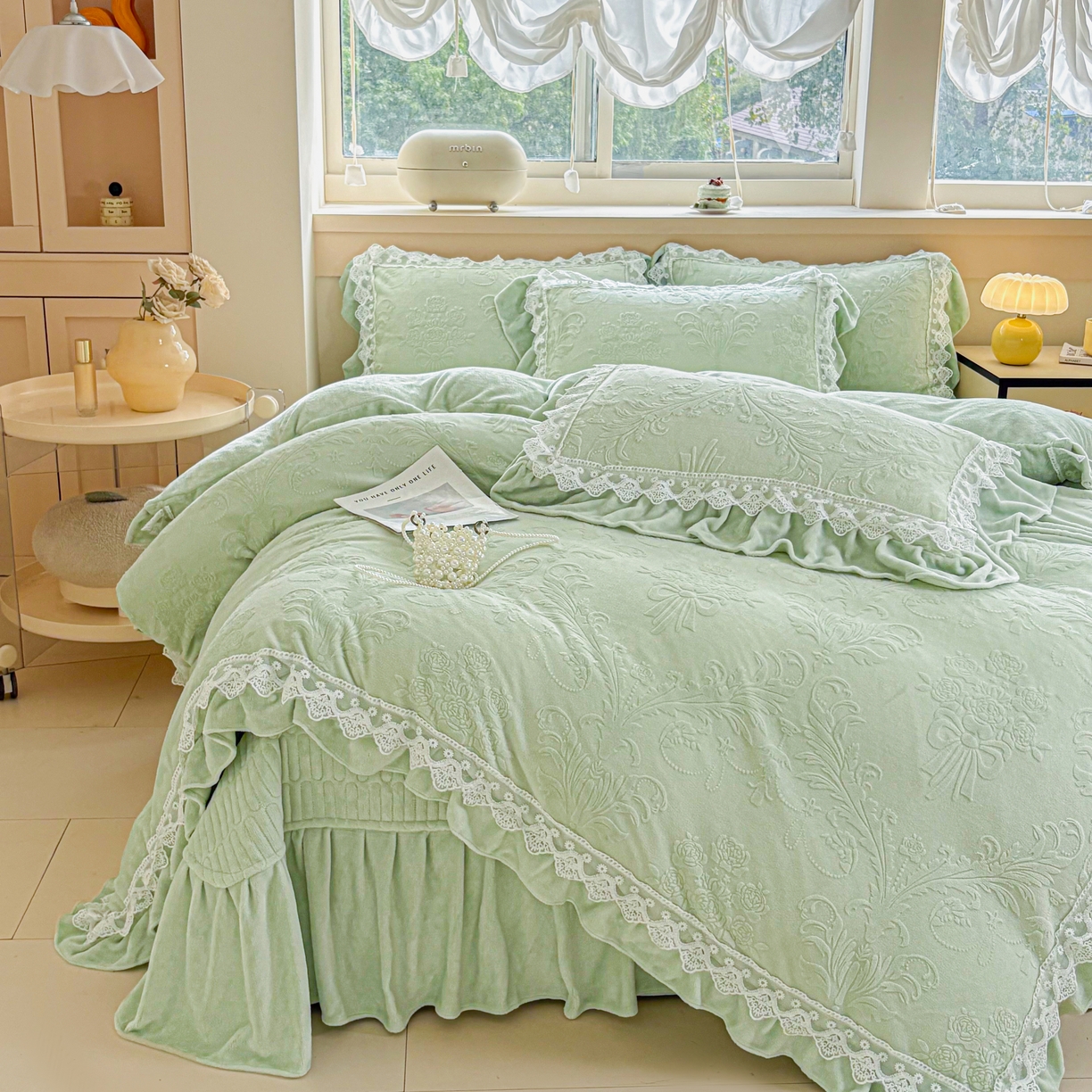 91家纺网 家纺一手货源 找家纺 锦格家纺 2024新款A类高克重牛奶绒四件套 艾洛薇【水绿】