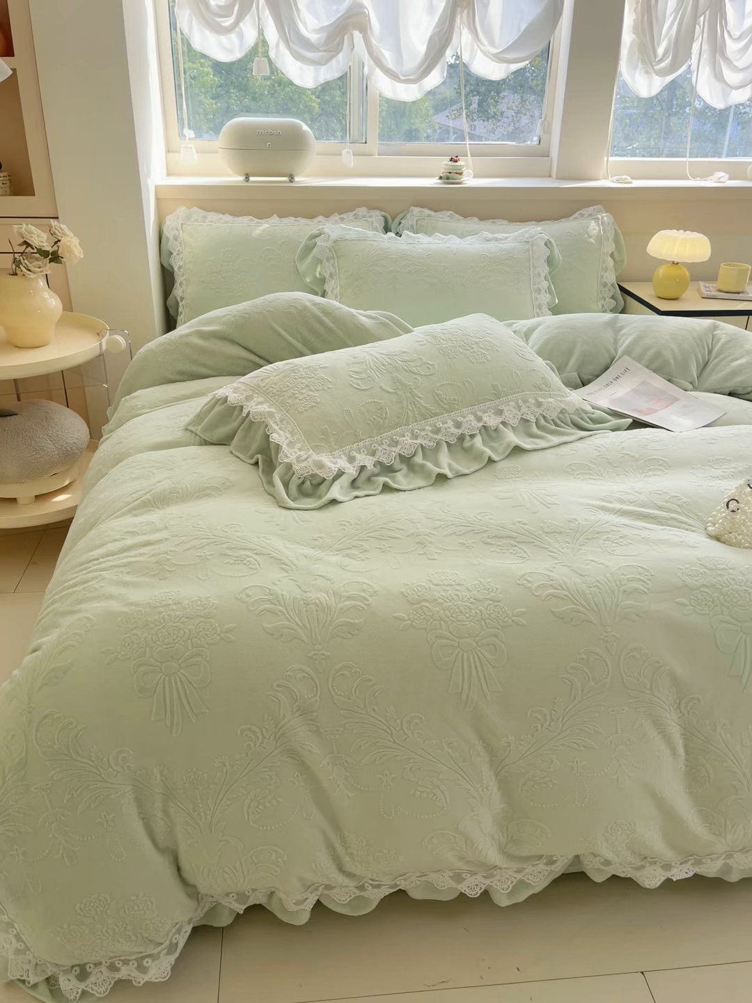 91家纺网 家纺一手货源 找家纺 锦格家纺 2024新款A类高克重牛奶绒四件套 艾洛薇【水绿】