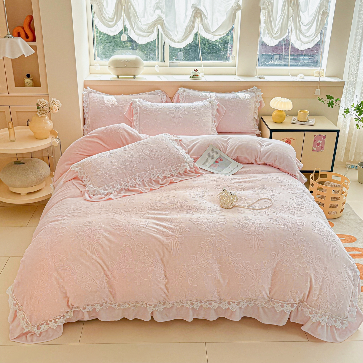 91家纺网 家纺一手货源 找家纺 锦格家纺 2024新款A类高克重牛奶绒四件套 艾洛薇【玉粉】