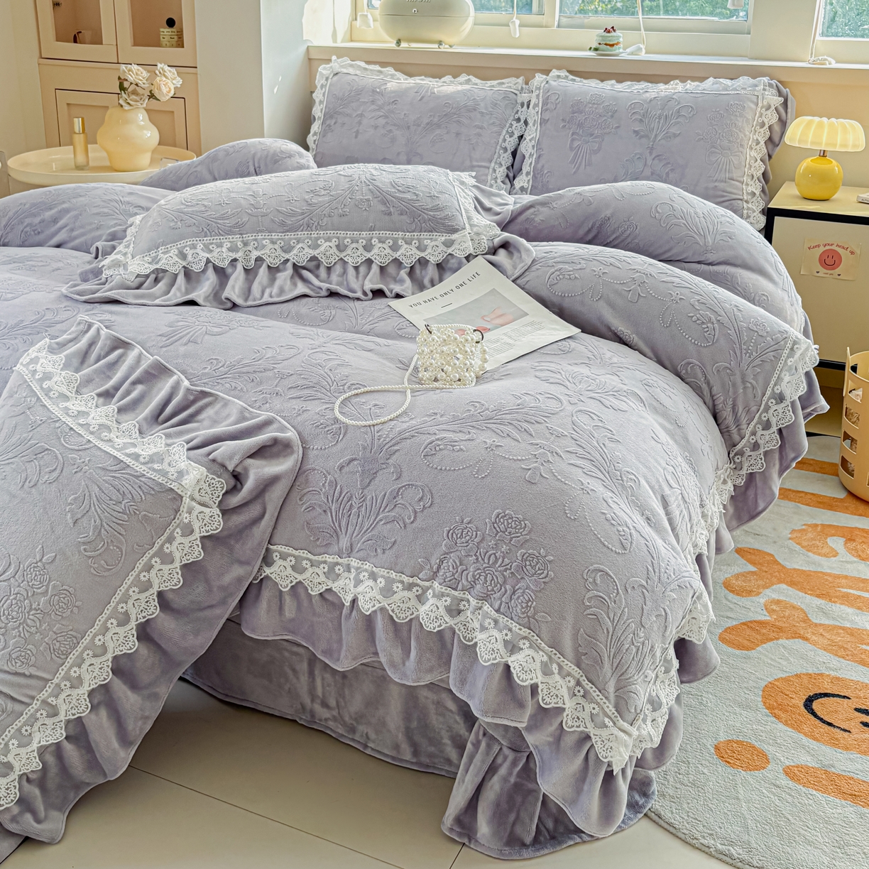 91家纺网 家纺一手货源 找家纺 锦格家纺 2024新款A类高克重牛奶绒四件套 艾洛薇【紫】