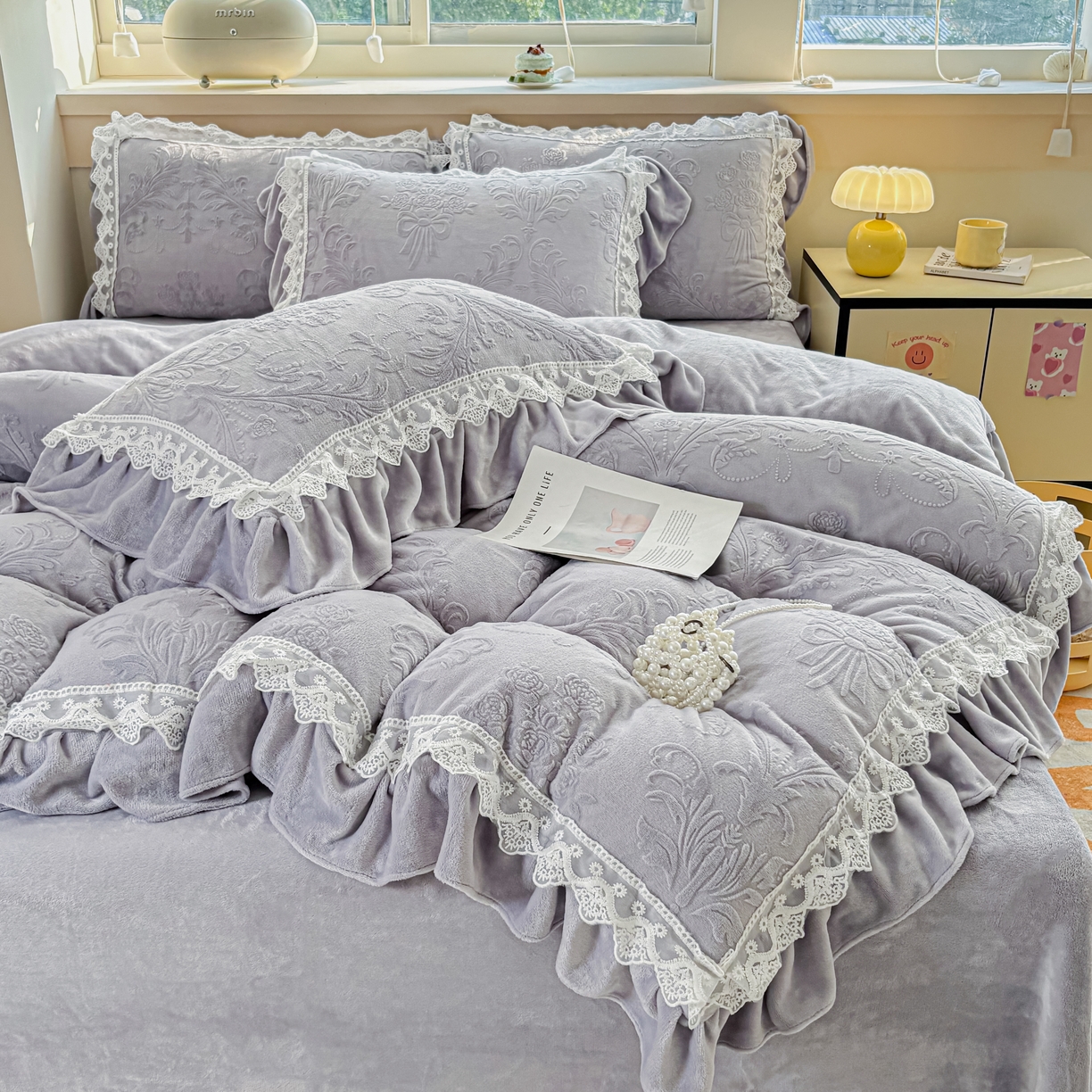 91家纺网 家纺一手货源 找家纺 锦格家纺 2024新款A类高克重牛奶绒四件套 艾洛薇【紫】