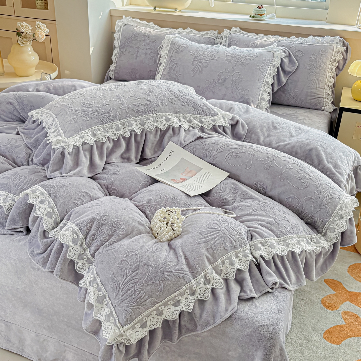 91家纺网 家纺一手货源 找家纺 锦格家纺 2024新款A类高克重牛奶绒四件套 艾洛薇【紫】