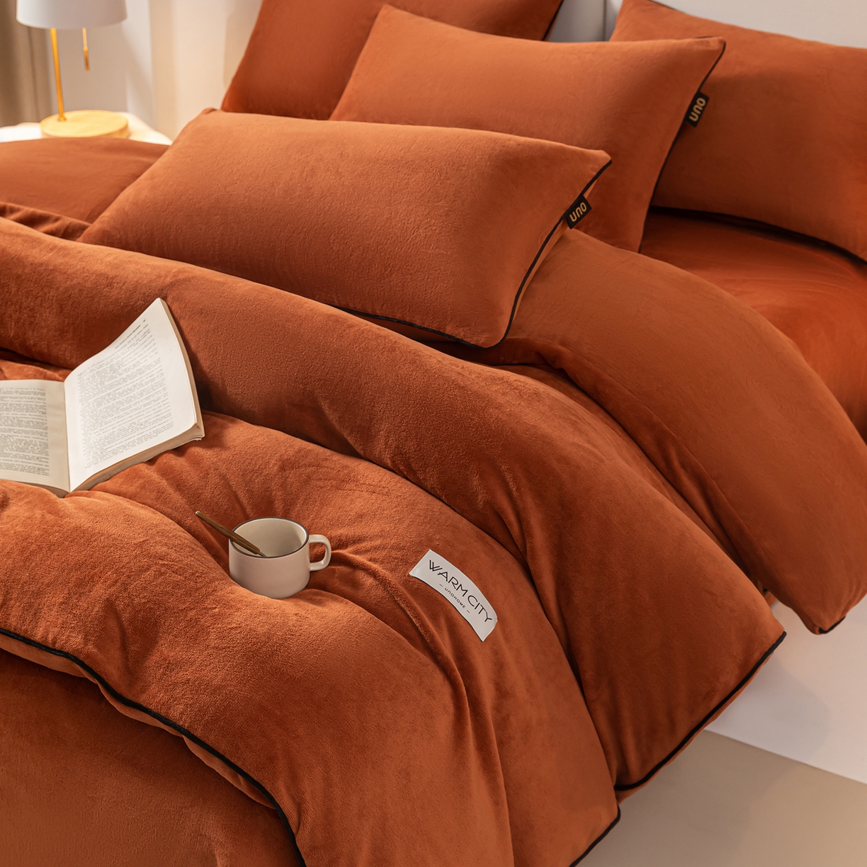 绒城 2025秋冬新款简约撞色边滚绳牛奶绒四件套-浅爱 浅爱-唐茶