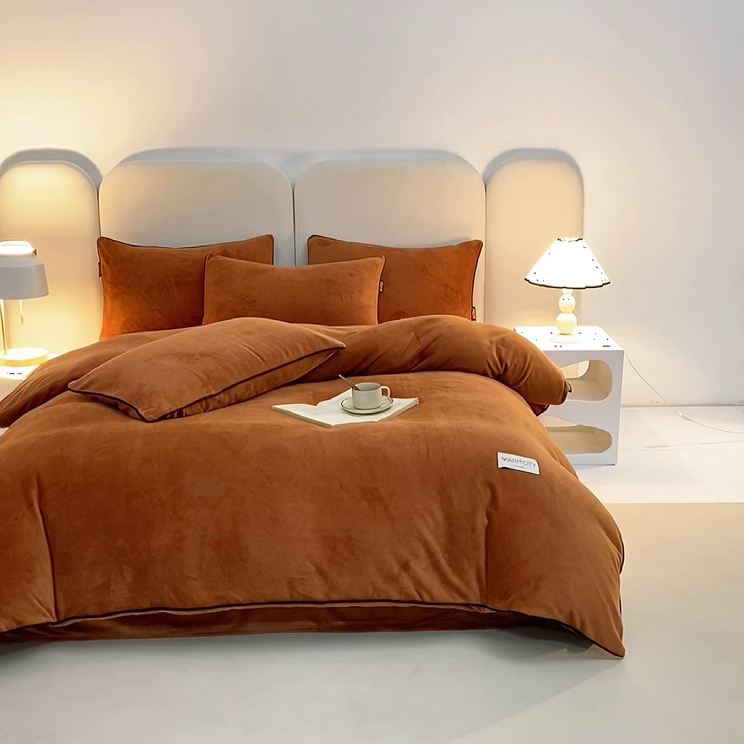 91家纺网 家纺一手货源 找家纺 绒城 2025秋冬新款简约撞色边滚绳牛奶绒四件套-浅爱 浅爱-唐茶